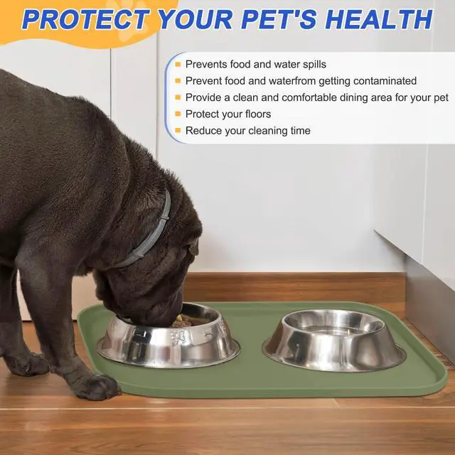 Alt view image 5 of 7 - Silicone Pet Food Mat with Raised Edge for Food and Water Bowl, Dog Feeding Mats, Cat Food Trays for Floor Waterproof, Rubber Tray for Dogs and Cats, 19 x 12 x 0.7 Light Olive Green