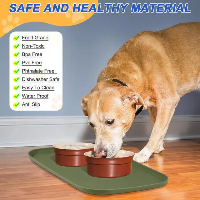 Alt view image 3 of 7 - Silicone Pet Food Mat with Raised Edge for Food and Water Bowl, Dog Feeding Mats, Cat Food Trays for Floor Waterproof, Rubber Tray for Dogs and Cats, 19 x 12 x 0.7 Light Olive Green