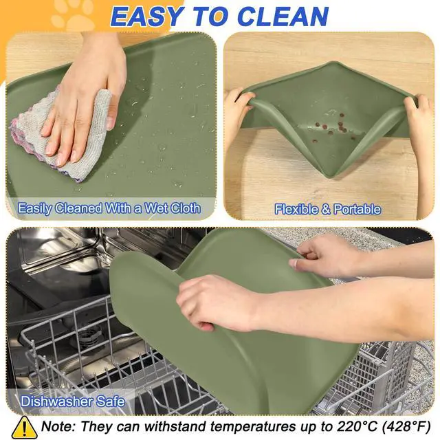 Alt view image 6 of 7 - Silicone Pet Food Mat with Raised Edge for Food and Water Bowl, Dog Feeding Mats, Cat Food Trays for Floor Waterproof, Rubber Tray for Dogs and Cats, 19 x 12 x 0.7 Light Olive Green