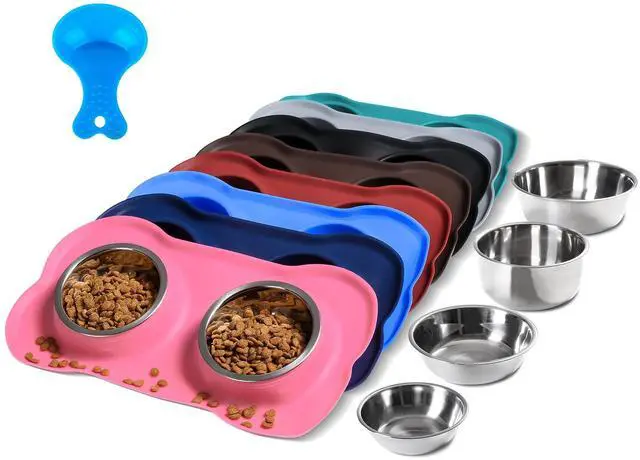Main image of Pet Dog Bowls 2 Stainless Steel Dog Bowl with No Spill Non-Skid Silicone Mat + Pet Food Scoop Water and Food Feeder Bowls for Feeding Small Medium Large Dogs Cats Puppies (S, Pink)