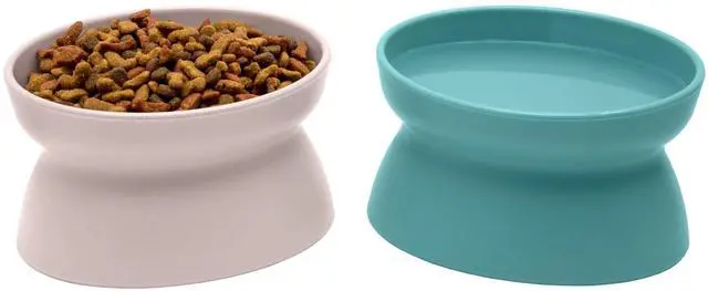 Main image of Elevated Cat Bowls (Set of 2), Whisker-Friendly Raised Cat Food & Water Dishes, Modern Pedestal Design, Dishwasher Safe, 6.5 oz Each Teal & Light Pink