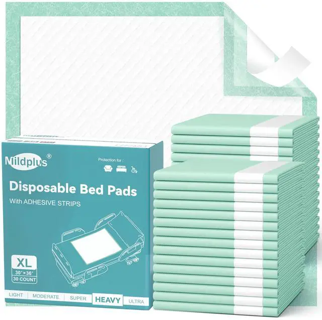 Main image of Bed Pads with Adhesive Strips 30''X36'', 30 Count Chucks Disposable Underpads Extra Large Thicker Incontinence Pads for Unisex Adult, Senior, Kids and Pet (with Adhesive)