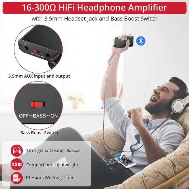 Alt view image 5 of 7 - Portable 3.5mm Headphone Amplifier with Bluetooth 5.1 Receiver, Bass Boost Switch, 16-300 Ohm HiFi Earphone Amp, Aluminum Matte Surface