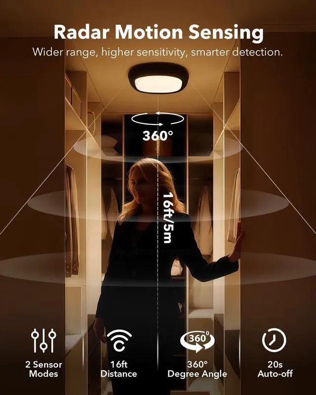 Alt view image 3 of 7 - 2 Pcs Motion Sensor Rechargeable Ceiling Light with Remote, 12000mAh 550LM Wireless IP54 Waterproof Shower Light, Battery Operated RGB Closet Lights Sensored LED Overhead Lighting No Wiring for Garage