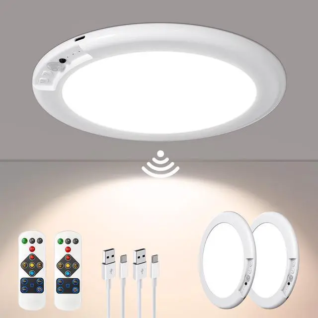 Main image of 2 Pack Rechargeable Motion Sensor Closet Light, Wireless Ceiling Light Battery Operated Shower Light with Remote, Magnetic Dimmable Timing Motion Sensor Light for Shower Closet Bathroom
