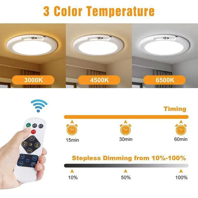 Alt view image 6 of 7 - 2 Pack Rechargeable Motion Sensor Closet Light, Wireless Ceiling Light Battery Operated Shower Light with Remote, Magnetic Dimmable Timing Motion Sensor Light for Shower Closet Bathroom