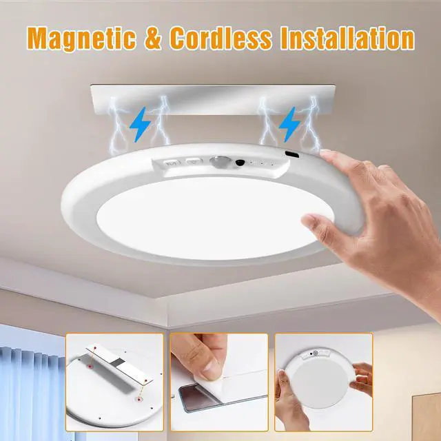 Alt view image 4 of 7 - 2 Pack Rechargeable Motion Sensor Closet Light, Wireless Ceiling Light Battery Operated Shower Light with Remote, Magnetic Dimmable Timing Motion Sensor Light for Shower Closet Bathroom