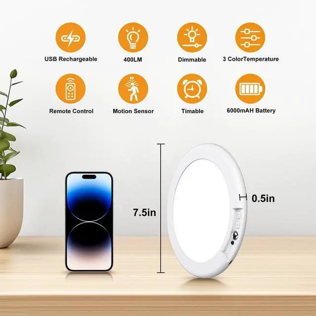 Alt view image 7 of 7 - 2 Pack Rechargeable Motion Sensor Closet Light, Wireless Ceiling Light Battery Operated Shower Light with Remote, Magnetic Dimmable Timing Motion Sensor Light for Shower Closet Bathroom