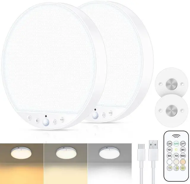Main image of Rechargeable 8W Motion Sensor Ceiling Light Indoor, No Wiring & Magnetic Stick-On, Remote Control for Color & Brightness, Battery Operated Light for Shower, Closet, Bathroom, Pantry, Hallway, 2-Pack