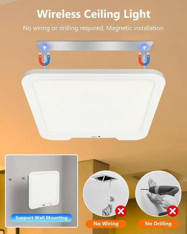 Alt view image 3 of 7 - 2 Pack Rechargeable Motion Sensor Ceiling Lights with Remote, Dimmable Magnetic Mount Closet Light, 7000mAh Battery Operated LED Shower Light, 3 Color Temperatures for Bathroom, Stairs, Hallway,Garage