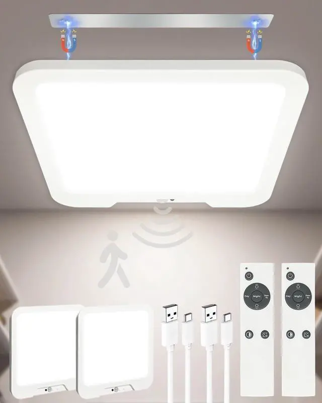 Main image of 2 Pack Rechargeable Motion Sensor Ceiling Lights with Remote, Dimmable Magnetic Mount Closet Light, 7000mAh Battery Operated LED Shower Light, 3 Color Temperatures for Bathroom, Stairs, Hallway,Garage