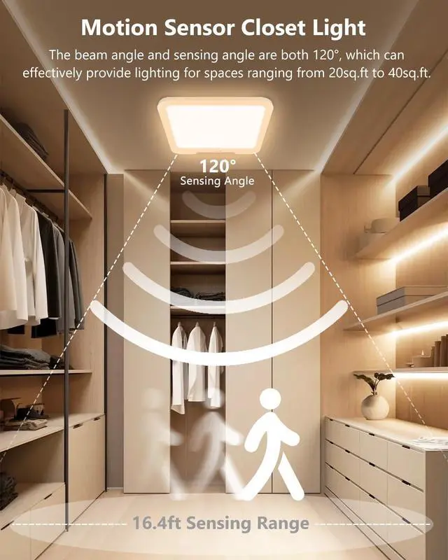 Alt view image 4 of 7 - 2 Pack Rechargeable Motion Sensor Ceiling Lights with Remote, Dimmable Magnetic Mount Closet Light, 7000mAh Battery Operated LED Shower Light, 3 Color Temperatures for Bathroom, Stairs, Hallway,Garage