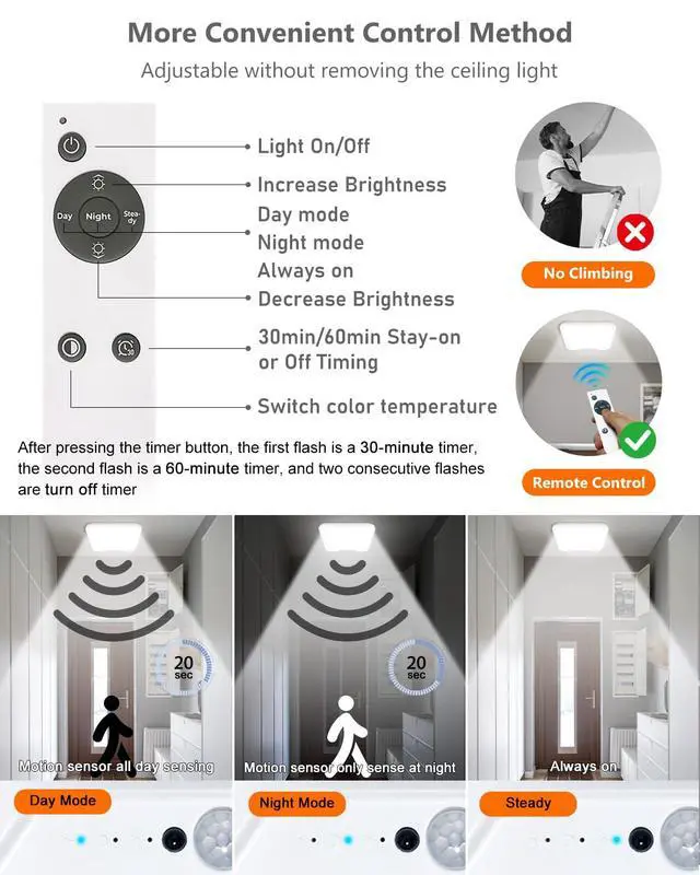 Alt view image 6 of 7 - 2 Pack Rechargeable Motion Sensor Ceiling Lights with Remote, Dimmable Magnetic Mount Closet Light, 7000mAh Battery Operated LED Shower Light, 3 Color Temperatures for Bathroom, Stairs, Hallway,Garage