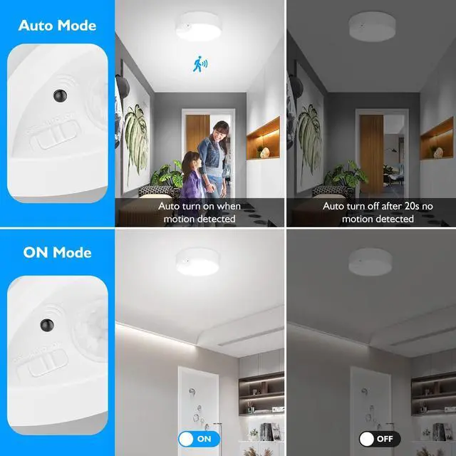 Alt view image 2 of 7 - 2-Pack Motion Sensor LED Ceiling Lights Battery Operated, 7.48Inch 6500K Dimmable Flush Mount Light Fixtures with Remotes, Wireless Ceiling Lamps for Closet Pantry Laundry Garage(Battery Not Included)