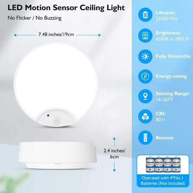 Alt view image 5 of 7 - 2-Pack Motion Sensor LED Ceiling Lights Battery Operated, 7.48Inch 6500K Dimmable Flush Mount Light Fixtures with Remotes, Wireless Ceiling Lamps for Closet Pantry Laundry Garage(Battery Not Included)