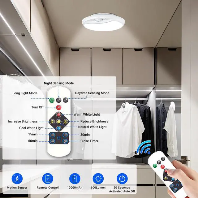 Alt view image 5 of 7 - Rechargeable Motion Sensor Ceiling Light with Remote,Battery Powered Wireless Shower Lights,7.5in 600LM,10000mAh Battery Operated Ceiling Closet Light for Kitchen, Closet, Bathroom, Hallway