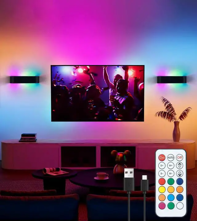 Main image of 2Pcs RGB Wall Light with Remote Control, LED Indoor Wall Sconce, 6000mAh Rechargeable Battery Powered Wall Lamps, 12 Colors Wireless Wall Lamp for Bedroom Living Room Decor
