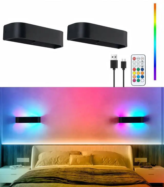 Alt view image 2 of 7 - 2Pcs RGB Wall Light with Remote Control, LED Indoor Wall Sconce, 6000mAh Rechargeable Battery Powered Wall Lamps, 12 Colors Wireless Wall Lamp for Bedroom Living Room Decor