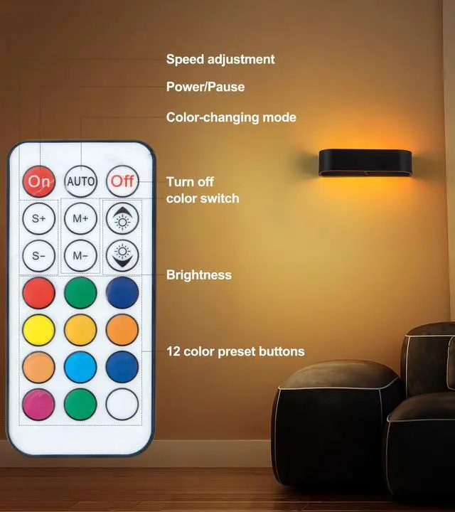 Alt view image 3 of 7 - 2Pcs RGB Wall Light with Remote Control, LED Indoor Wall Sconce, 6000mAh Rechargeable Battery Powered Wall Lamps, 12 Colors Wireless Wall Lamp for Bedroom Living Room Decor