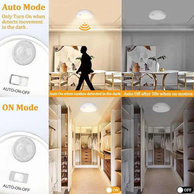 Alt view image 2 of 7 - 2-Pack Battery Operated Motion Sensor LED Ceiling Lights Indoor, Wireless Flush Mount Light Fixture 3000K in 400LM, Battery Powered Ceiling Lamps for Closet Pantry Laundry Stair(Battery Not Included)