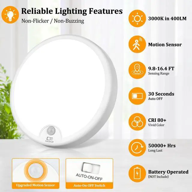 Alt view image 4 of 7 - 2-Pack Battery Operated Motion Sensor LED Ceiling Lights Indoor, Wireless Flush Mount Light Fixture 3000K in 400LM, Battery Powered Ceiling Lamps for Closet Pantry Laundry Stair(Battery Not Included)