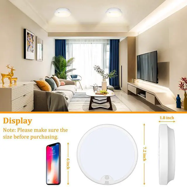 Alt view image 5 of 7 - 2-Pack Battery Operated Motion Sensor LED Ceiling Lights Indoor, Wireless Flush Mount Light Fixture 3000K in 400LM, Battery Powered Ceiling Lamps for Closet Pantry Laundry Stair(Battery Not Included)