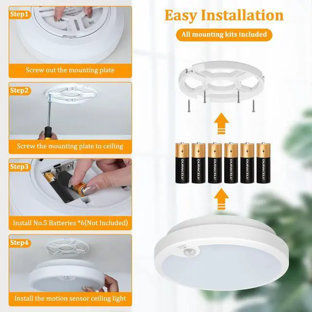 Alt view image 6 of 7 - 2-Pack Battery Operated Motion Sensor LED Ceiling Lights Indoor, Wireless Flush Mount Light Fixture 3000K in 400LM, Battery Powered Ceiling Lamps for Closet Pantry Laundry Stair(Battery Not Included)