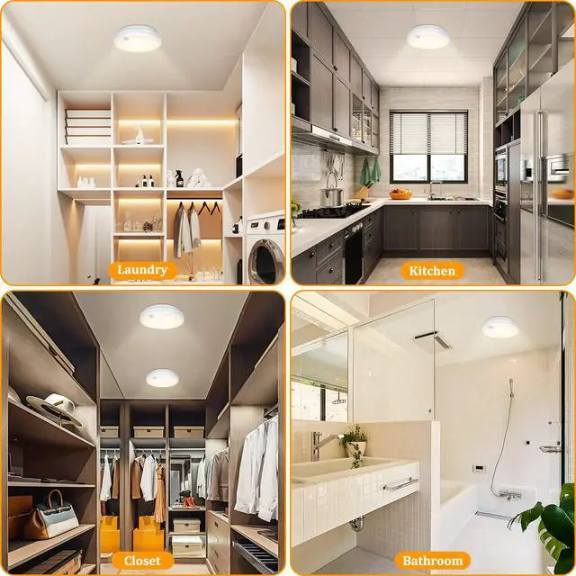 Alt view image 7 of 7 - 2-Pack Battery Operated Motion Sensor LED Ceiling Lights Indoor, Wireless Flush Mount Light Fixture 3000K in 400LM, Battery Powered Ceiling Lamps for Closet Pantry Laundry Stair(Battery Not Included)