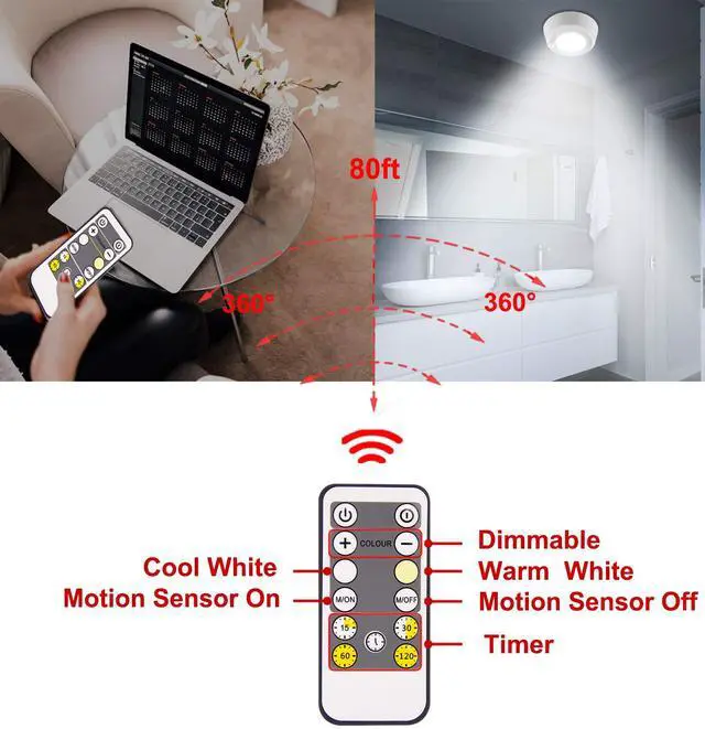 Alt view image 6 of 7 - Wireless Ceiling Light with RF Remote and Motion Detector, Cool Warm White Shower Light,Super Bright Battery Ceiling Light Timer for Closet Hallway Stair Gargage 5.67 Inch, 300Lumens