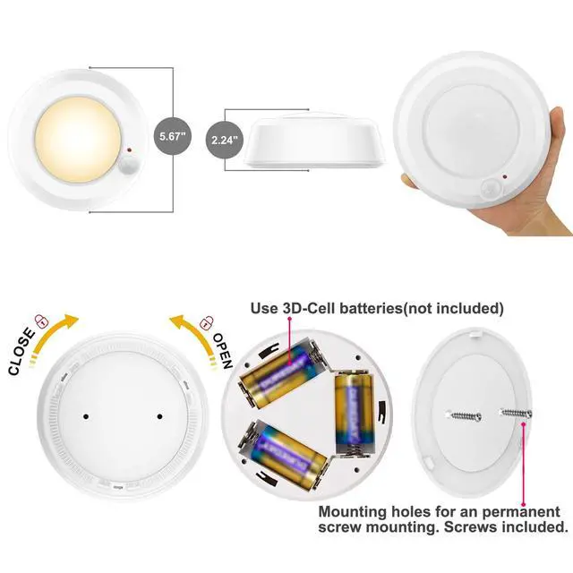 Alt view image 7 of 7 - Wireless Ceiling Light with RF Remote and Motion Detector, Cool Warm White Shower Light,Super Bright Battery Ceiling Light Timer for Closet Hallway Stair Gargage 5.67 Inch, 300Lumens