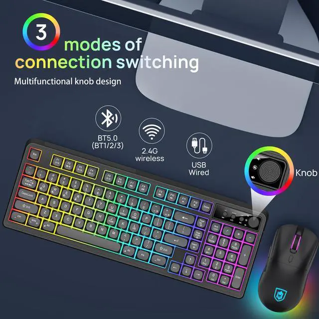Alt view image 2 of 7 - BT98 Wireless Keyboard and Mouse Combo,Triple Mode 2.4G/Wired/Bluetooth Gaming Keyboard and Mouse,Rechargeable Ergonomic RGB Backlit Light Up Keyboard Mouse with Knob for PC/Mac/Tablet