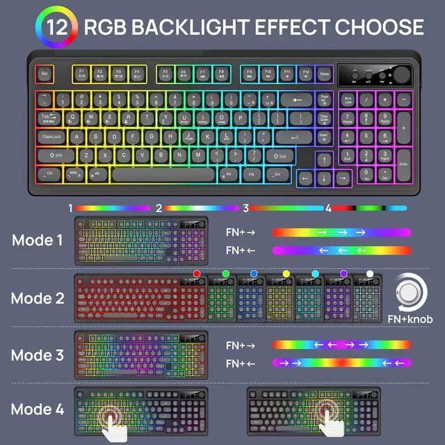 Alt view image 4 of 7 - BT98 Wireless Keyboard and Mouse Combo,Triple Mode 2.4G/Wired/Bluetooth Gaming Keyboard and Mouse,Rechargeable Ergonomic RGB Backlit Light Up Keyboard Mouse with Knob for PC/Mac/Tablet