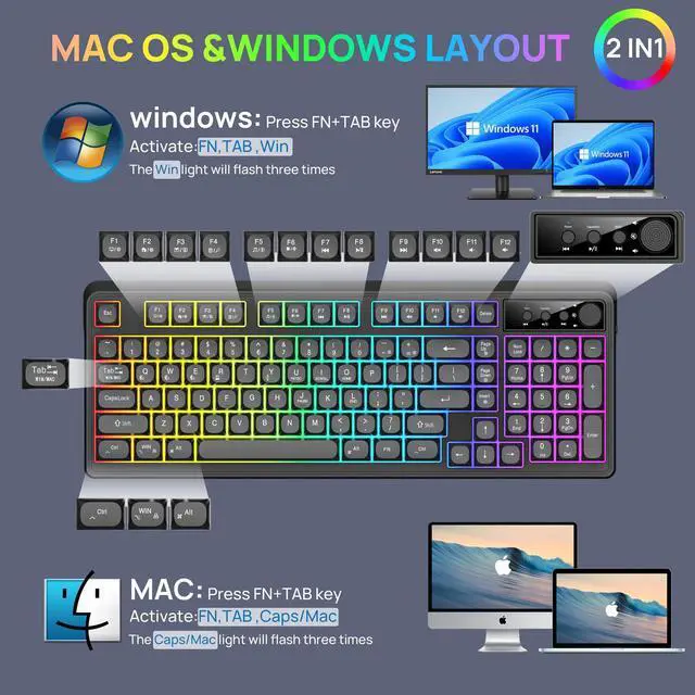 Alt view image 5 of 7 - BT98 Wireless Keyboard and Mouse Combo,Triple Mode 2.4G/Wired/Bluetooth Gaming Keyboard and Mouse,Rechargeable Ergonomic RGB Backlit Light Up Keyboard Mouse with Knob for PC/Mac/Tablet