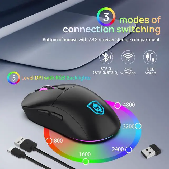 Alt view image 3 of 7 - BT98 Wireless Keyboard and Mouse Combo,Triple Mode 2.4G/Wired/Bluetooth Gaming Keyboard and Mouse,Rechargeable Ergonomic RGB Backlit Light Up Keyboard Mouse with Knob for PC/Mac/Tablet