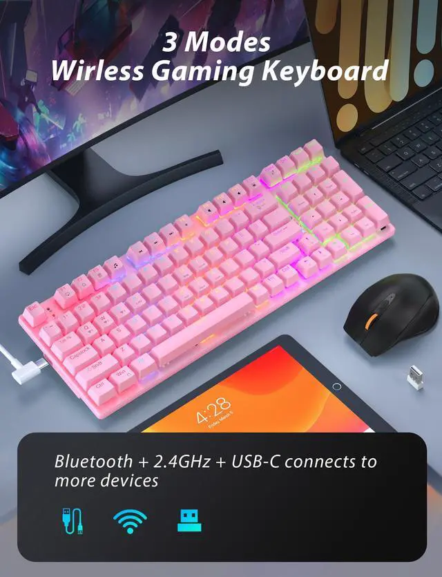 Alt view image 2 of 7 - Wireless Mechanical Gaming Keyboard and Mouse Combo, 98 Keys RGB Backlit Rechargeable 2000mAh Battery, 3-Mode BT5.0/2.4G/USB-C (Pink)