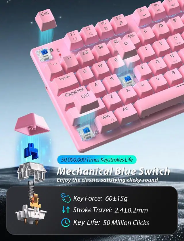 Alt view image 3 of 7 - Wireless Mechanical Gaming Keyboard and Mouse Combo, 98 Keys RGB Backlit Rechargeable 2000mAh Battery, 3-Mode BT5.0/2.4G/USB-C (Pink)