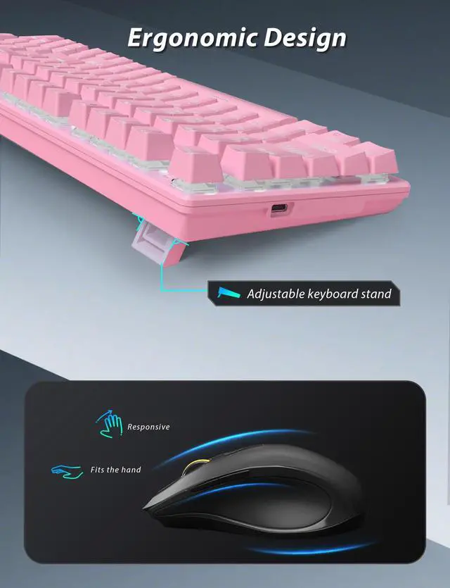 Alt view image 6 of 7 - Wireless Mechanical Gaming Keyboard and Mouse Combo, 98 Keys RGB Backlit Rechargeable 2000mAh Battery, 3-Mode BT5.0/2.4G/USB-C (Pink)