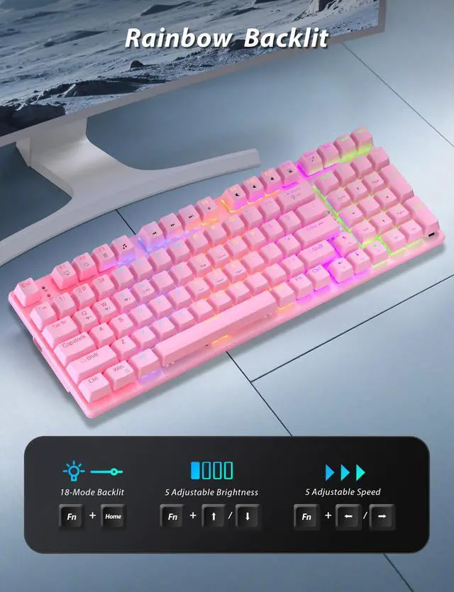 Alt view image 5 of 7 - Wireless Mechanical Gaming Keyboard and Mouse Combo, 98 Keys RGB Backlit Rechargeable 2000mAh Battery, 3-Mode BT5.0/2.4G/USB-C (Pink)