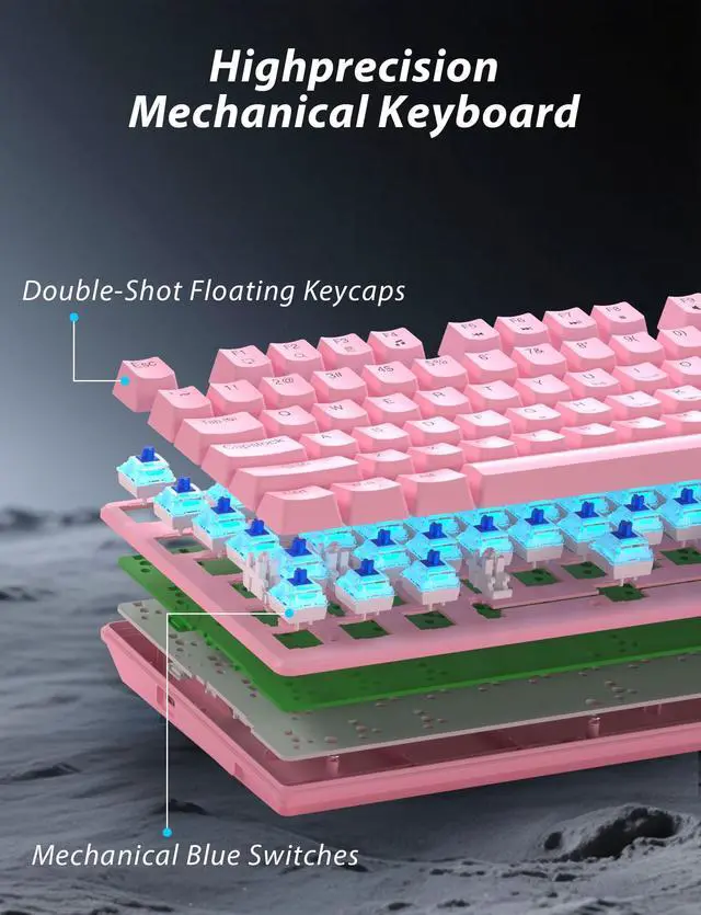 Alt view image 7 of 7 - Wireless Mechanical Gaming Keyboard and Mouse Combo, 98 Keys RGB Backlit Rechargeable 2000mAh Battery, 3-Mode BT5.0/2.4G/USB-C (Pink)