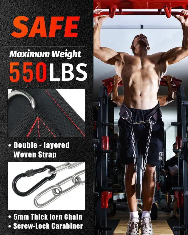 Alt view image 2 of 7 - Dip belt With 37-40" Chain, 550lbs - 650lbs Weight Capacity, Weightlifting Belt for Dips and Pullups