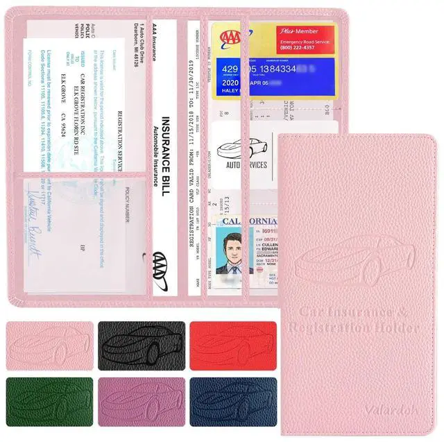 Main image of Premium Car Registration and Insurance Card Holder, Car Document Holder for Cards, Driver License & other Essential Documents (Pink)