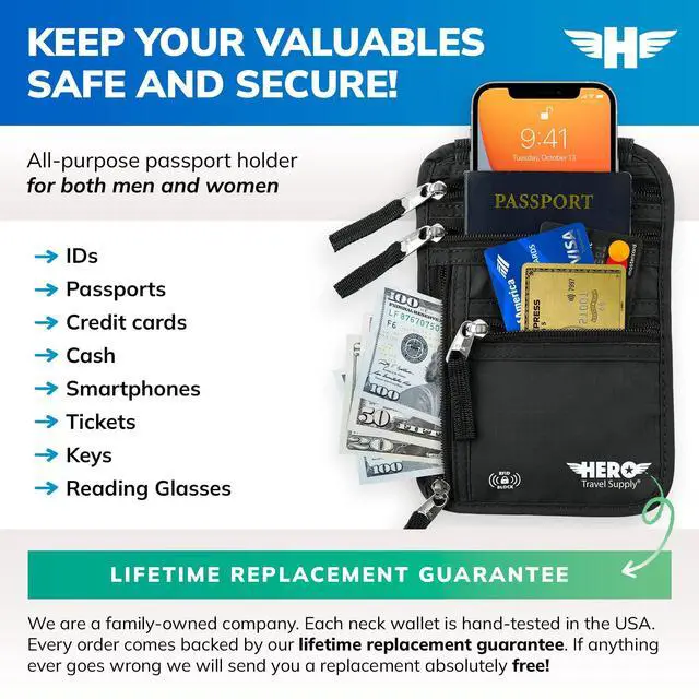 Alt view image 2 of 6 - Neck Wallet - RFID Blocking Passport Holder, Easy to Conceal Travel Pouch (Black)