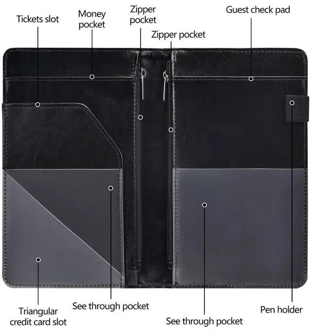Alt view image 3 of 7 - Server Books for Waitress - Leather Waiter Book Server Wallet with Zipper Pocket, Cute Waitress Book&Waitstaff Organizer with Money Pocket Fit Server ApronClassic Black