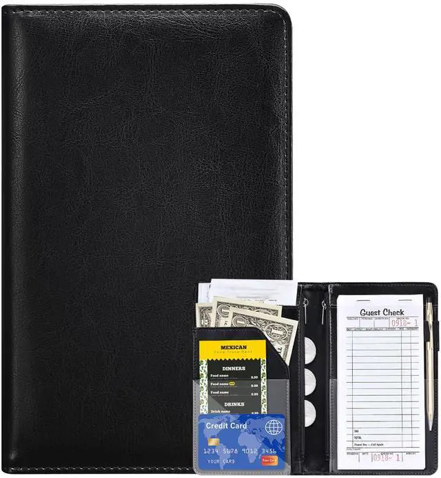 Alt view image 7 of 7 - Server Books for Waitress - Leather Waiter Book Server Wallet with Zipper Pocket, Cute Waitress Book&Waitstaff Organizer with Money Pocket Fit Server ApronClassic Black