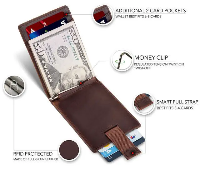 Alt view image 3 of 6 - RFID Blocking Slim Bifold Genuine Leather Minimalist Front Pocket Wallets for Men with Money Clip Thin Gift (Texas Brown 1.S)