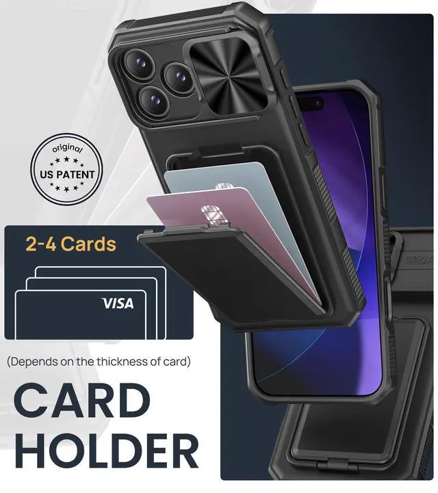 Alt view image 3 of 7 - for iPhone 17 Pro Max Case with Card Holder & Kickstand & Slide Camera Lens Cover & Camera Stand & Wallet, Military-Grade Heavy Duty Phone Case Cover for iPhone 17 Pro Max 5G 2025, Black