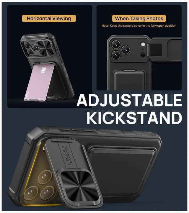 Alt view image 4 of 7 - for iPhone 17 Pro Max Case with Card Holder & Kickstand & Slide Camera Lens Cover & Camera Stand & Wallet, Military-Grade Heavy Duty Phone Case Cover for iPhone 17 Pro Max 5G 2025, Black