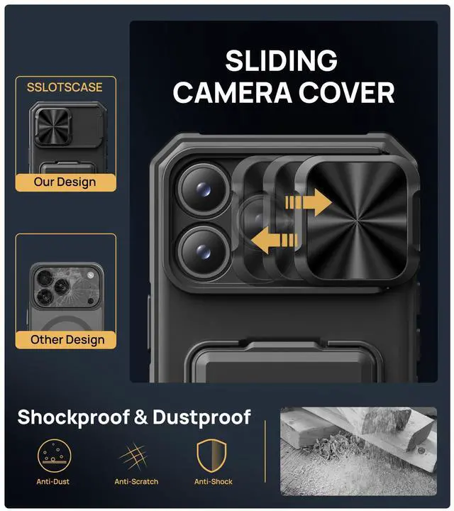 Alt view image 5 of 7 - for iPhone 17 Pro Max Case with Card Holder & Kickstand & Slide Camera Lens Cover & Camera Stand & Wallet, Military-Grade Heavy Duty Phone Case Cover for iPhone 17 Pro Max 5G 2025, Black