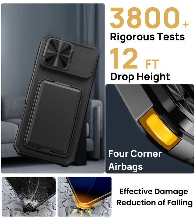 Alt view image 6 of 7 - for iPhone 17 Pro Max Case with Card Holder & Kickstand & Slide Camera Lens Cover & Camera Stand & Wallet, Military-Grade Heavy Duty Phone Case Cover for iPhone 17 Pro Max 5G 2025, Black