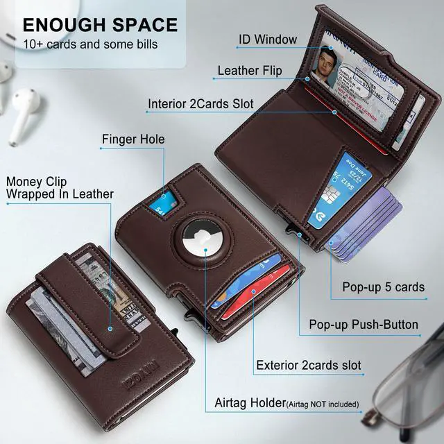 Alt view image 2 of 7 - Airtag Wallet for Men,with Money Clip 10 Cards Metal Case Smart Slim Pop Up Credit Card Holder Flip with Magnetic Closure RFID Blocking wallet with Gift Box
